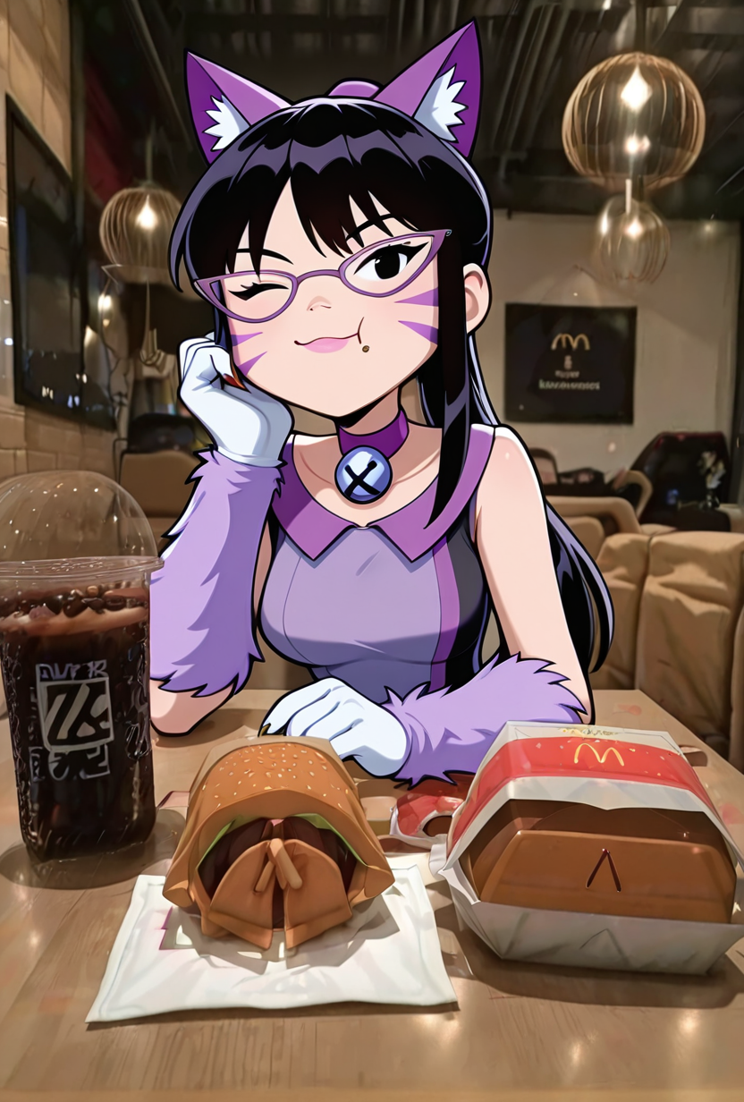 <lora:nyancychan-10:1> nyancychan, black hair, 1girl, long hair, cat ears, purple glasses,  claws, gloves, neck bell, purple choker, whisker markings, ponytail, pink pants, short dress, sleeveless, sharp canines, pink lipstick, expressive, facial expression,(( cartoon, screencap)), <lora:Im_On_a_Dinner_Date_What_Do_I_Say_Hes_So_Cute__Meme_Pose_Concept__IllustriousXL_and_NoobAI:1> burgerdate, :t, closed mouth, eating, holding, holding food, looking at viewer, pov across table, burger, fast food, burger on table, photo background, wooden table, soda, cola, drink, napkin, , dinnerdate, one eye closed, smile, open mouth, photo background, indoors, sitting, looking at viewer, arm on table, pov across table, drinking glass, cup, masterpiece, best quality, amazing quality, very aesthetic, absurdres, newest,