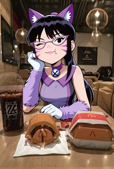 <lora:nyancychan-10:1> nyancychan, black hair, 1girl, long hair, cat ears, purple glasses,  claws, gloves, neck bell, purple choker, whisker markings, ponytail, pink pants, short dress, sleeveless, sharp canines, pink lipstick, expressive, facial expression,(( cartoon, screencap)), <lora:Im_On_a_Dinner_Date_What_Do_I_Say_Hes_So_Cute__Meme_Pose_Concept__IllustriousXL_and_NoobAI:1> burgerdate, :t, closed mouth, eating, holding, holding food, looking at viewer, pov across table, burger, fast food, burger on table, photo background, wooden table, soda, cola, drink, napkin, , dinnerdate, one eye closed, smile, open mouth, photo background, indoors, sitting, looking at viewer, arm on table, pov across table, drinking glass, cup, masterpiece, best quality, amazing quality, very aesthetic, absurdres, newest,