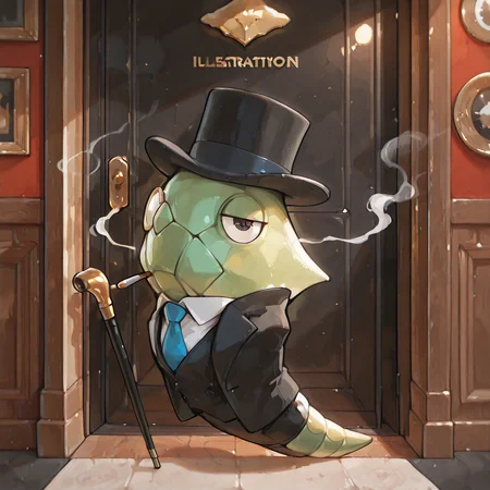 (masterpiece), (best quality), (ultra-detailed), metapod, full body, slightly turned, one eye visible, clothed pokemon, no hands, no arms, godfather, smoking pipe, tuxedo, black vest, black suit, black top hat, black jacket, white collared shirt, blue necktie, buttons, monocle, smoking pipe, cigarette, cane, formal, looking at viewer, half-closed eyes, door, illustration, perfect composition, intricate details