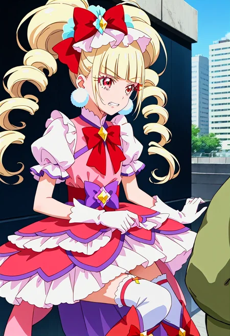 fcx, source_anime, uncensored, anime, flat color, detailed background, contrapposto, <lora:Expressive_H-000001:0.6>, Expressiveh, <lora:curemacherie.pony:1>, curemacherie, hair ornament, ribbon, thighhighs, gloves, dress, bow, jewelry, hair bow, earrings, boots, puffy sleeves, white gloves, red bow, magical girl, knee boots, red footwear, layered dress, serious face, clenched teeth, 1girl, 1boy, outdoors, city, monster, green-skinned orc, naled orc, looking at another, upper body, battle