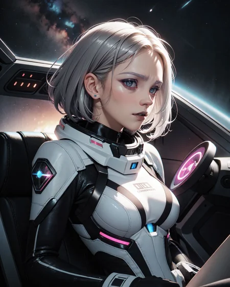 (Full shot:1.5), (beautiful busty skinny british adult woman sitting in spaceship cockpit looking over shoulder at viewer:1.1), (cute face, over the shoulder:1.05), (movie still:1.05), side view, (spaceship cockpit:1.05), glowing holographic instruments, (beautiful face:1.051), from behind, smart fabric flightsuit:1.05, lightweight structured jacket with sharp geometric lines, utility belt, kneehigh boots, fingerless gloves, (large spaceship cockpit with highly polished flooring and stellar view), backlit hair, perfect face, feminine physique, (pale freckles:0.6), ((black and silver accents:1.24)), perfect eyes, low key, joystick++, thin pouting lips, (white++ bob hair, ombre tips:1.1), wide set soft+ turquoise++ eyes, skin pores, (small upturned nose:1.1), (pale skin), supernova, dramatic angle, eyelid shimmer makeup, silver eyeshadow, iridescent cheekbones, muted rose lips, deep space blue, (available light:0.7), BREAK, starlight silver, nebula pink, black hole black, planetary rings, asteroid clusters, geometric shapes, angular contours, Holographic control panels, chiaroscuro effects, reflective surfaces, starfilled skies, distant galaxies, shimmering surfaces, iridescent scifi materials, clean lines, modernistic details,  Unreal