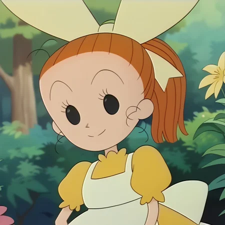 score_9, score_8_up, score_7_up BREAK AliceFF, 1girl, orange hair, black eyes, ponytail, yellow bow, yellow puff sleeve dress, white body apron, female, female focus, solo, solo focus, face view, face closeup, screenshot, official art, parody, anime footage, official design, screencap, anime screenshot, official screenshot, 2d, anime, source_anime, happy, smiling, flower garden outdoors, flowers forest background,