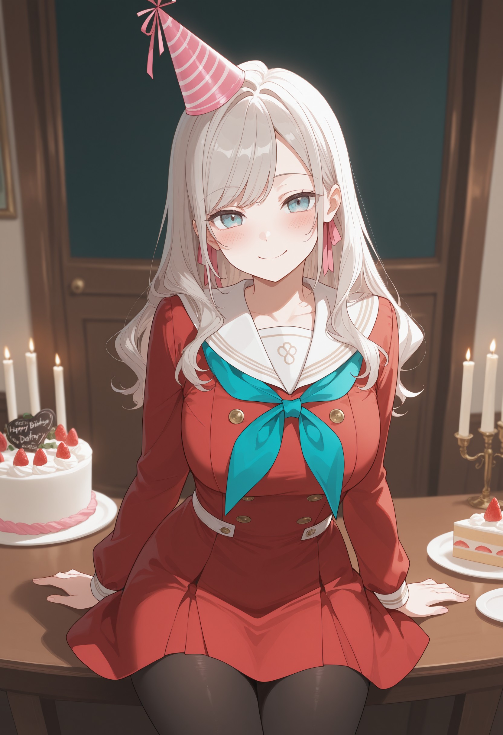 masterpiece,best quality,amazing quality,absurdres, school uniform, neckerchief, long sleeves, looking at viewer, serafuku, dress, sailor collar, white sailor collar, closed mouth, bangs, ceras_YL, red dress, double breasted, long sleeves, aqua neckerchief, black pantyhose, pink ribbon behind ears, smile, cake, happy birthday, party hat, candle, happy, blush, <lora:cd1fdb36-3833-4253-a715-de0779bda6ec:0.7>