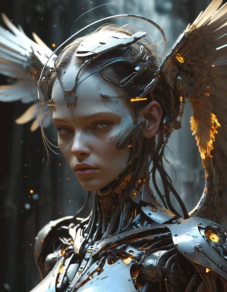 biomechanical cyberpunk A photorealistic portrait of a merciless archangel, their face a vision of divine beauty and unwavering resolve. Their eyes, windows to a soul hardened by countless battles, burn with an intensity that pierces through the veil of reality. Their expression is a symphony of conflicting emotions: righteous fury, unwavering determination, and a hint of sorrow for the fallen. Their wings, a majestic expanse of shimmering feathers, are spread wide, casting a shadow of divine judgment upon the world. The background is a maelstrom of celestial energy, swirling with nebulae, stars, and distant galaxies, creating a sense of infinite power and cosmic scale. The lighting is dramatic, highlighting the archangel's sculpted features and the intricate details of their flowing hair and wings. The overall effect is one of awe and reverence, <lora:MJ52.safetensors:0.60> . cybernetics, human-machine fusion, dystopian, organic meets artificial, dark, intricate, highly detailed