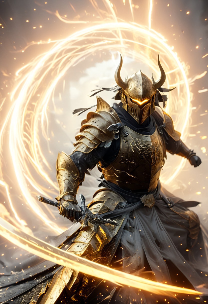 1man, armored samurai in golden samurai armor, wearing samurai helmet and armor,  golden fire, wielding dual swords:1.2, brave perspective, reflection, glowing golden fire, golden lightning shatter, , glowing sword, motion blur, emphasis line, outdoor in the darkness, looking at viewer, katanas