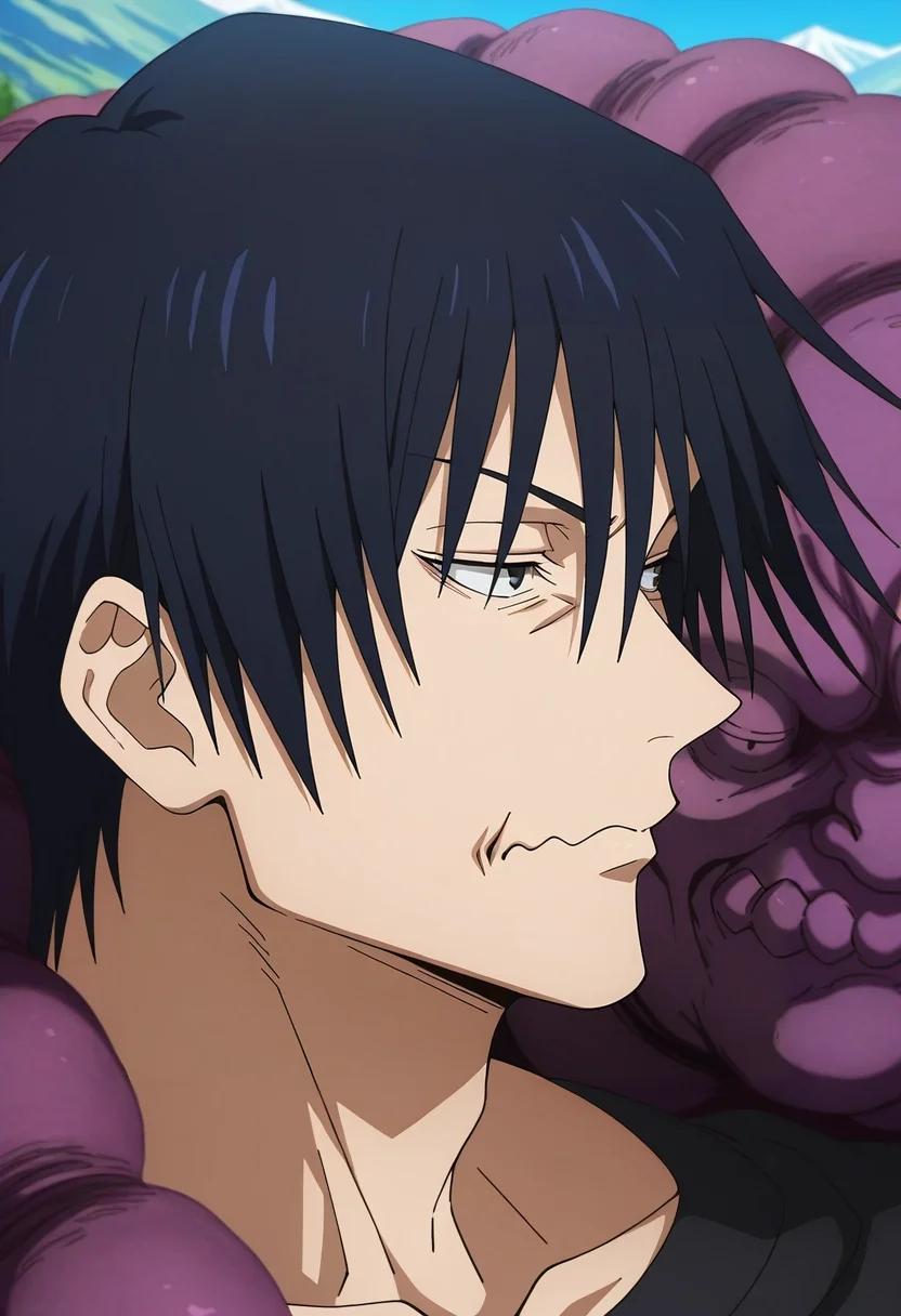 masterpiece, best quality, , anime screencap, anime coloring, official style, , 1boy, solo, male focus, <lora:touji_fushiguro_ilxl:0.94>, touji_fushiguro, black hair, black eyes, short hair, hair between eyes, bangs, monster, cursed spirit, , profile, fuji mountain, day, pose, wavy mouth,