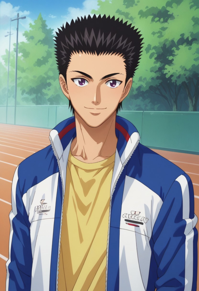 score_9, score_8_up, score_7_up, source_anime, highly detailed, 
takeshi, 1boy, male focus, solo, black hair, short hair, spiked hair, purple eyes, sportwear, shirt, yellow shirt, jacket, track jacket, open jacket, open clothes, smile,
outdoor,