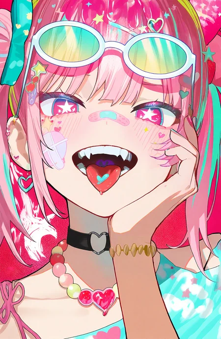 1girl, solo, looking_at_viewer, blush, open_mouth, hair_ornament, jewelry, pink_hair, heart, earrings, teeth, food, tongue, tongue_out, pink_eyes, necklace, star_\(symbol\), symbol-shaped_pupils, portrait, bandaid, eyewear_on_head, hand_on_own_face, bandaid_on_face, tinted_eyewear, bandaid_on_nose, pink-tinted_eyewear