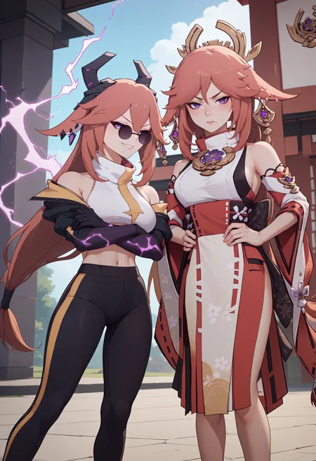 score_9, score_8_up, score_7_up, 2girls, multiple girls, looking at another,
BREAK, <lora:YaeMikoProgenitor_pdxl_Incrs_v1:1>, yaemiko, pink hair, long hair, purple eyes, hair between eyes, fox ears, large breasts, earrings, jewelry, headgear, horns, sunglasses, pince-nez,
turtleneck, crop top, bare shoulders, black jacket, cropped jacket, midriff, black gloves, black sleeves, black track pants, tight pants, smirk, outdoors, electricity, purple electricity, aura, dark aura, standing, crossed arms,
BREAK yae miko, annoyed, hands on own hips, kimono, nontraditional miko, bare legs,