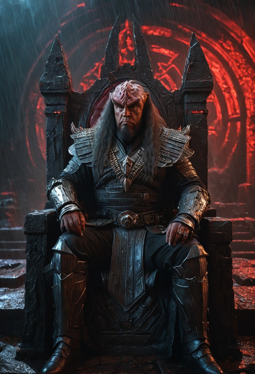 Surreal landscape. Close-up. A Klingon warrior sitting on the throne in a scary abandoned castle at night with heavy rain and red lightnings, detailed matte painting, deep color, fantastical, intricate detail, splash screen, complementary colors, fantasy concept art, 8k resolution trending on Artstation artgerm Unreal Engine 5
