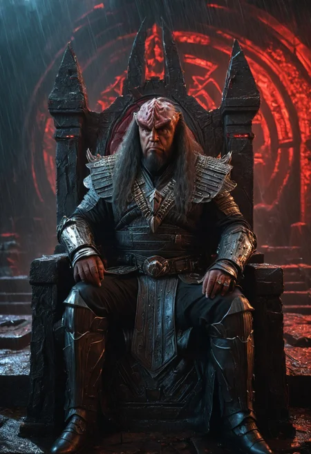 Surreal landscape. Close-up. A Klingon warrior sitting on the throne in a scary abandoned castle at night with heavy rain and red lightnings, detailed matte painting, deep color, fantastical, intricate detail, splash screen, complementary colors, fantasy concept art, 8k resolution trending on Artstation artgerm Unreal Engine 5