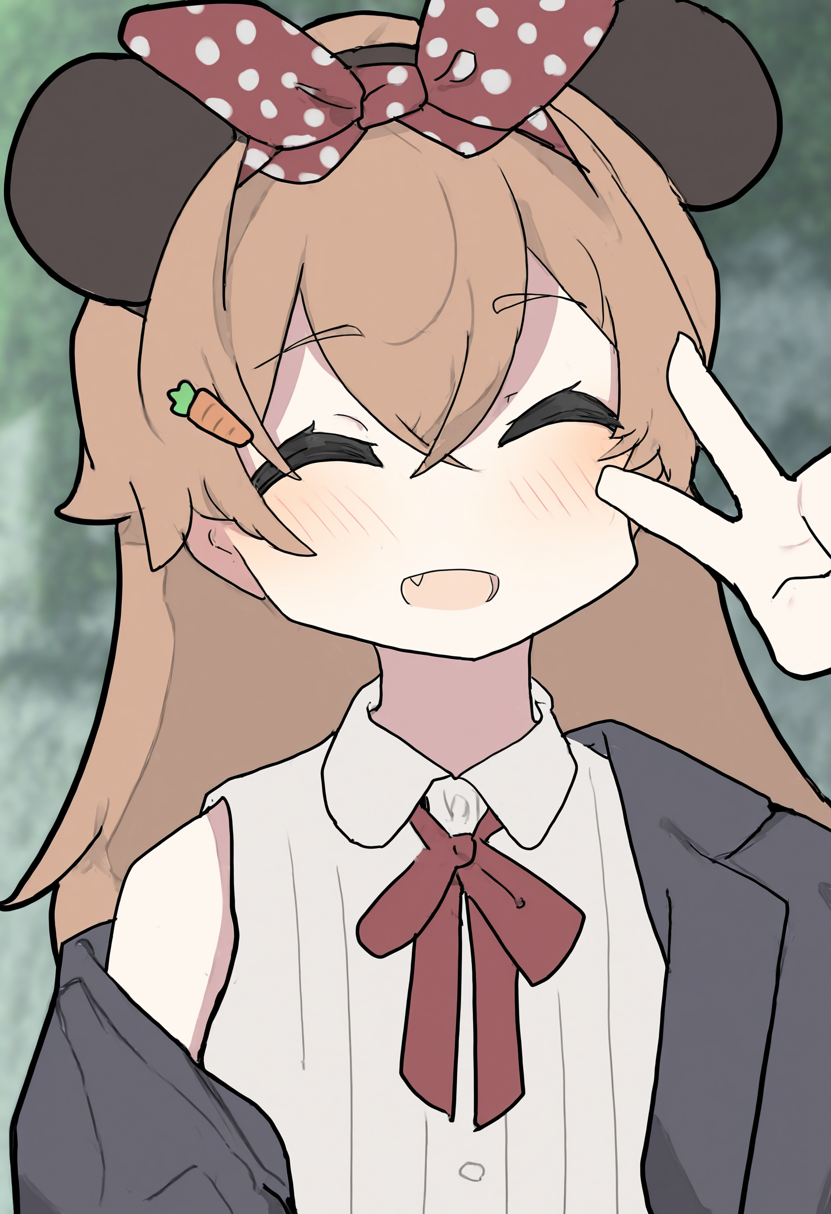 <lora:Illustrious_Nawakena_Style:1>, nawakenastyle, 1girl, polka dot bow, solo, closed eyes, animal ears, bow, fang, facing viewer, smile, polka dot, long hair, shirt, hair bow, blurry background, jacket, brown hair, white shirt, open mouth, neck ribbon, bangs, blush, upper body, v, sleeveless shirt, :d, red ribbon, long sleeves, off shoulder, open jacket, ribbon, black jacket, sleeveless, collared shirt, fake animal ears, mouse ears, bare shoulders, open clothes, ^_^, depth of field, red bow, hair between eyes, hand up, carrot hair ornament, w, hairband, blue jacket, very awa, masterpiece, best quality, newest, highres, absurdres,