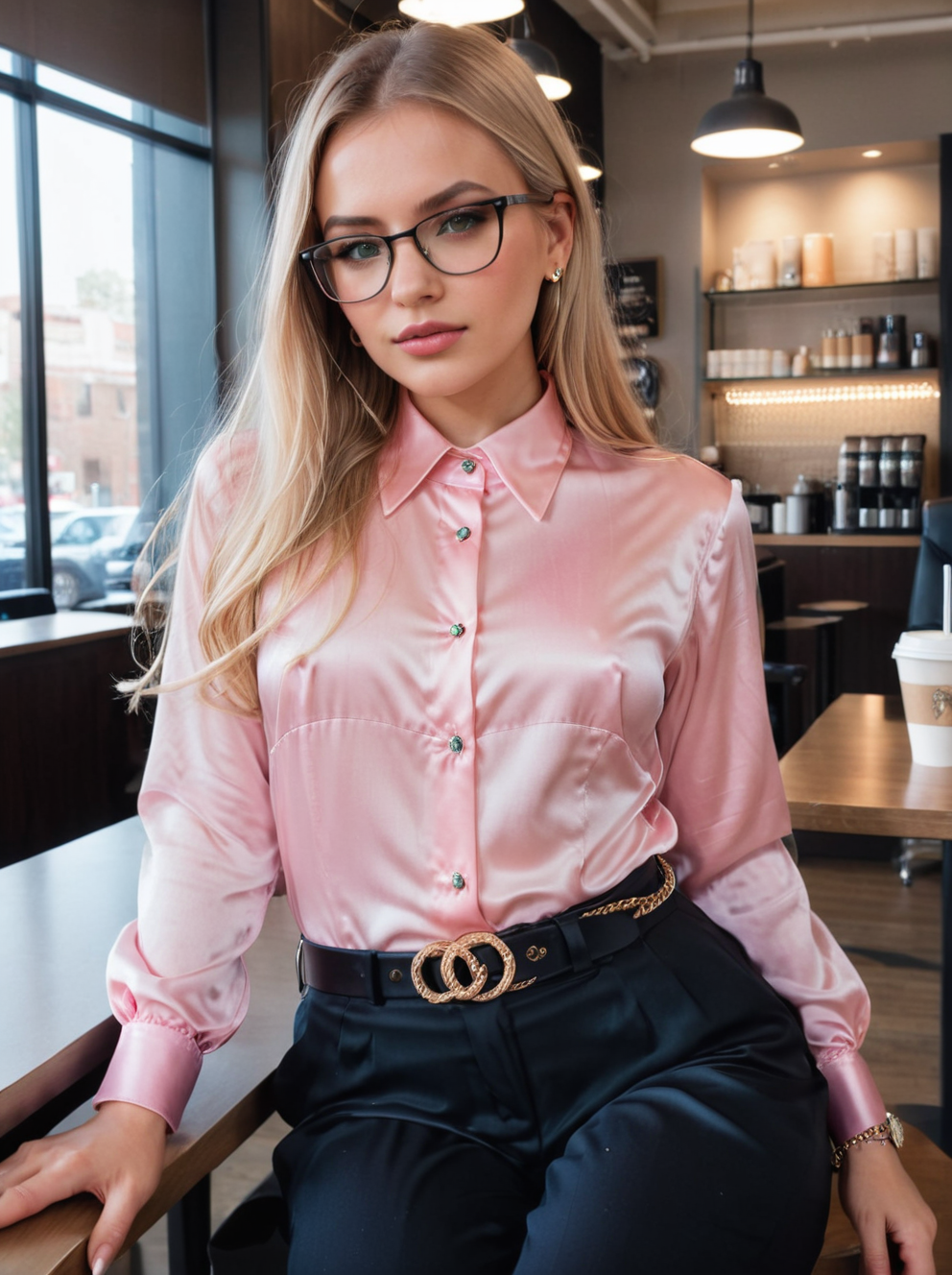 cinematic, volumetric lighting, very detailed, high resolution, sharp, sharp image, Aviva Sofia, wearing a light pink and cyan satin collared shirt, black office trousers with a chain belt, sitting at a coffee store, long blonde hair, brown eyes, makeup, glasses, fine silk fabric emphasis, visible bright shirt buttons, <lora:CollaredShirt_SDXL:0.75>
