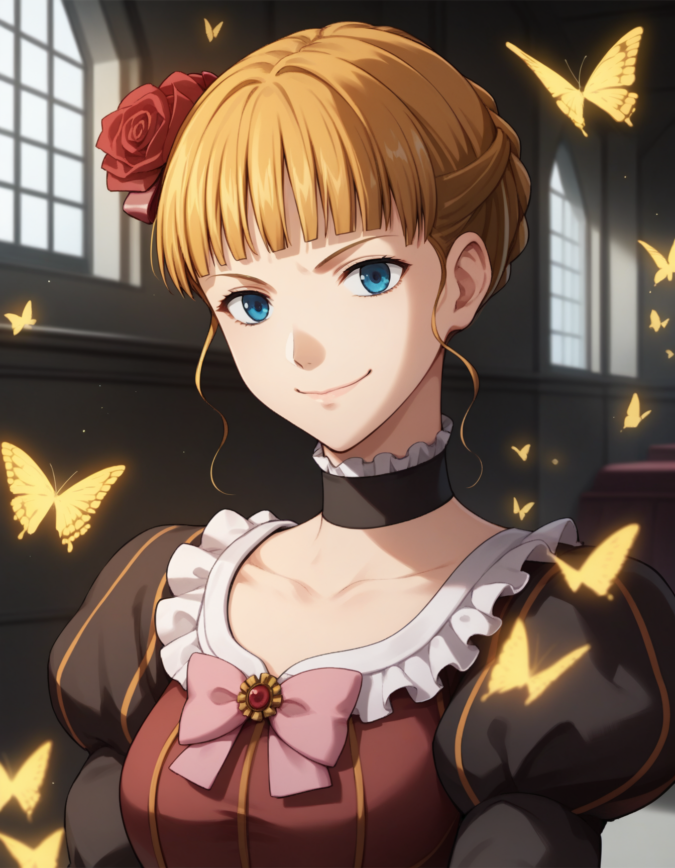 score_9, score_8_up, score_7_up, source_anime, 1girl, solo, beatrice \(umineko\), pink bow, choker, castle interior, dress, hair ornament, yellow butterflies, upper body, smile, closed mouth, <lora:Beatrice:1>