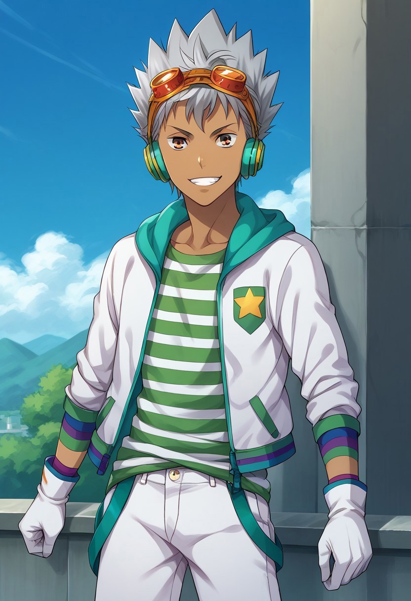 score_9, score_8_up, score_7_up, source_anime, highly detailed, 

kazuki, 1boy, male focus, solo, grey hair, spiked hair, brown eyes, dark skin, dark-skinned male, goggles, goggles on head, headphones, shirt, striped shirt, jacket, white jacket, hooded jacket, hood, open jacket, open clothes, gloves, white gloves, shorts, white shorts, smile, grin,

outdoor, sky,