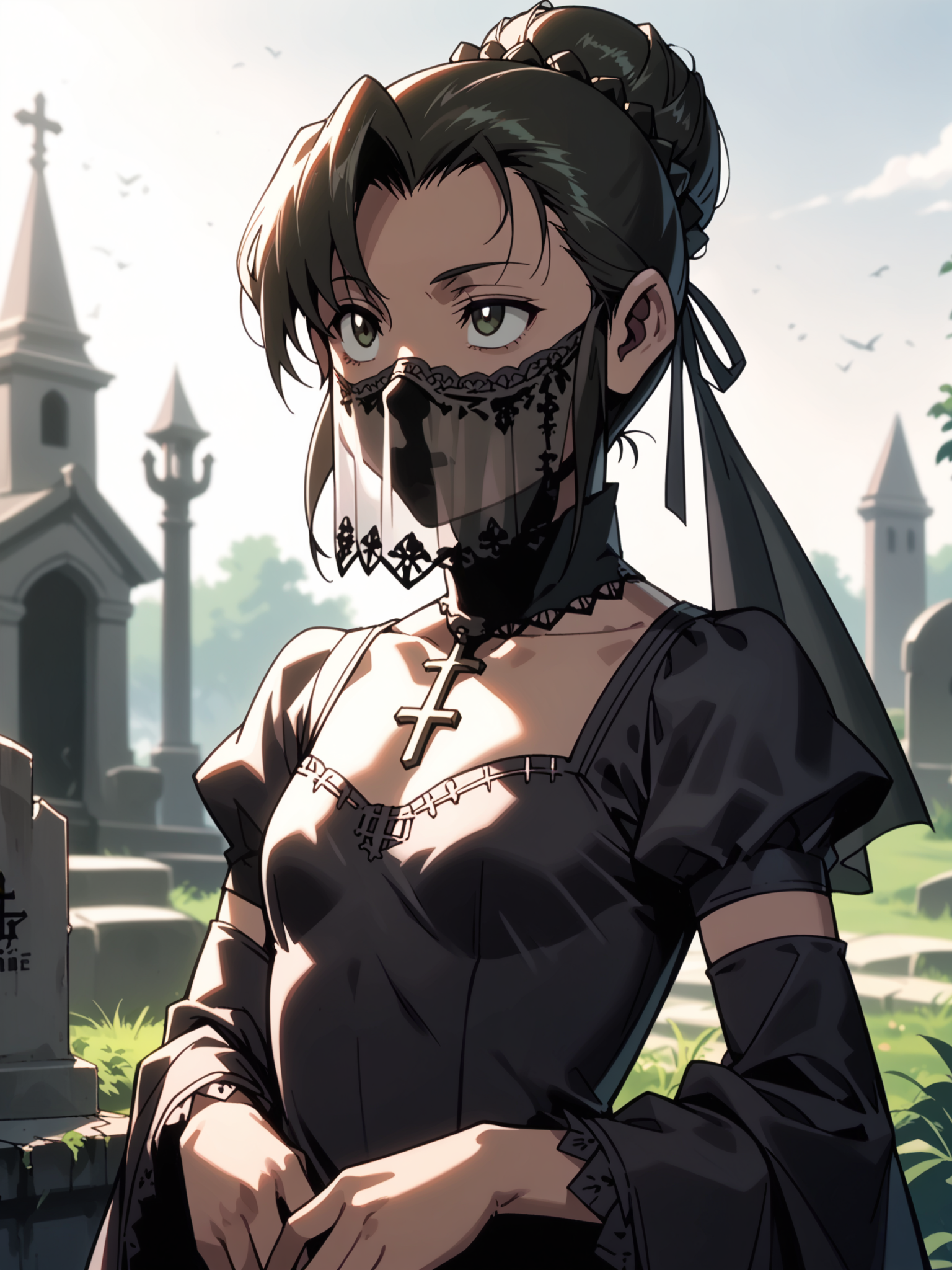 <lora:happy_tentacle-fabiola-v0.2-000026:1>, ht_fabiola, single hair bun, , , (upper body, solo:1.1) (petite:1.2), <lora:Shed_The_Skin's StS_age_slider_v1_initial_release:-1.1> ( , , ( :1.2) , , looking up :1.1) , outdoors, vegetation, (overgrown :1.1), , (dawn :0.6), (blue sky:0.6) , (:0.5), , (gothic architecture :0.8), graveyard, funeral, (funeral dress, black dress, black veil:1.3) ( :0.8) score_9, score_8_up, score_7_up, score_6_up, score_5_up, score_4_up, [(realistic, photorealistic:1.2):(realistic:1.2):14], [(3d:1.2)::12], <lora:LUUNA's Lunas-NijiJourney-SDXL-B2:0.5>, nijijourney <lora:prgfrg23's Counterfeit-V3.0 Style SDXL_LoRA_Pony Diffusion V6 XL:0.5> <lora:mfcg's mfcgXL:0.12> <lora:reweik's gyokai(himehajime)_PonyXL_style_v01:0.14>