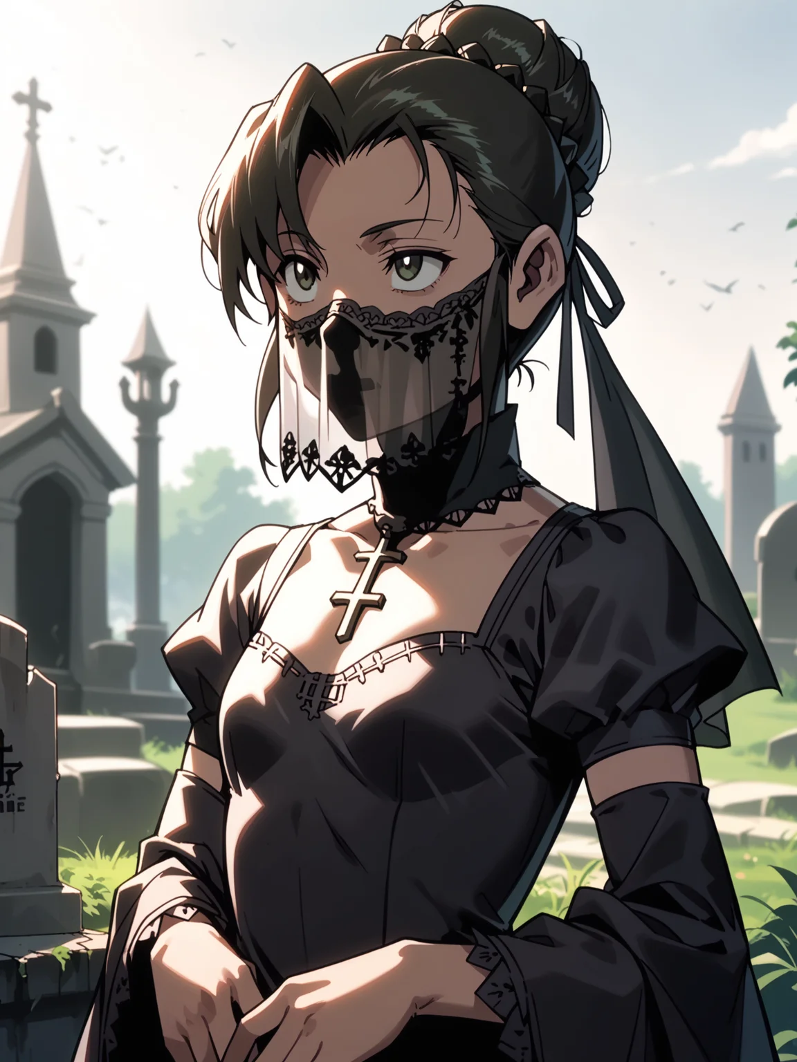 <lora:happy_tentacle-fabiola-v0.2-000026:1>, ht_fabiola, single hair bun, , , (upper body, solo:1.1) (petite:1.2), <lora:Shed_The_Skin's StS_age_slider_v1_initial_release:-1.1> ( , , ( :1.2) , , looking up :1.1) , outdoors, vegetation, (overgrown :1.1), , (dawn :0.6), (blue sky:0.6) , (:0.5), , (gothic architecture :0.8), graveyard, funeral, (funeral dress, black dress, black veil:1.3) ( :0.8) score_9, score_8_up, score_7_up, score_6_up, score_5_up, score_4_up, [(realistic, photorealistic:1.2):(realistic:1.2):14], [(3d:1.2)::12], <lora:LUUNA's Lunas-NijiJourney-SDXL-B2:0.5>, nijijourney <lora:prgfrg23's Counterfeit-V3.0 Style SDXL_LoRA_Pony Diffusion V6 XL:0.5> <lora:mfcg's mfcgXL:0.12> <lora:reweik's gyokai(himehajime)_PonyXL_style_v01:0.14>