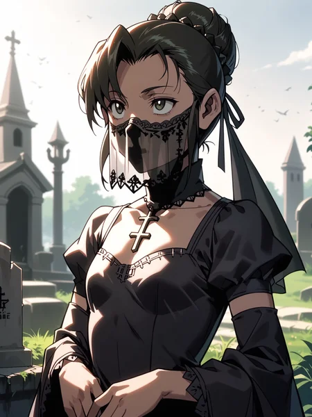 <lora:happy_tentacle-fabiola-v0.2-000026:1>, ht_fabiola, single hair bun, , , (upper body, solo:1.1) (petite:1.2), <lora:Shed_The_Skin's StS_age_slider_v1_initial_release:-1.1> ( , , ( :1.2) , , looking up :1.1) , outdoors, vegetation, (overgrown :1.1), , (dawn :0.6), (blue sky:0.6) , (:0.5), , (gothic architecture :0.8), graveyard, funeral, (funeral dress, black dress, black veil:1.3) ( :0.8) score_9, score_8_up, score_7_up, score_6_up, score_5_up, score_4_up, [(realistic, photorealistic:1.2):(realistic:1.2):14], [(3d:1.2)::12], <lora:LUUNA's Lunas-NijiJourney-SDXL-B2:0.5>, nijijourney <lora:prgfrg23's Counterfeit-V3.0 Style SDXL_LoRA_Pony Diffusion V6 XL:0.5> <lora:mfcg's mfcgXL:0.12> <lora:reweik's gyokai(himehajime)_PonyXL_style_v01:0.14>