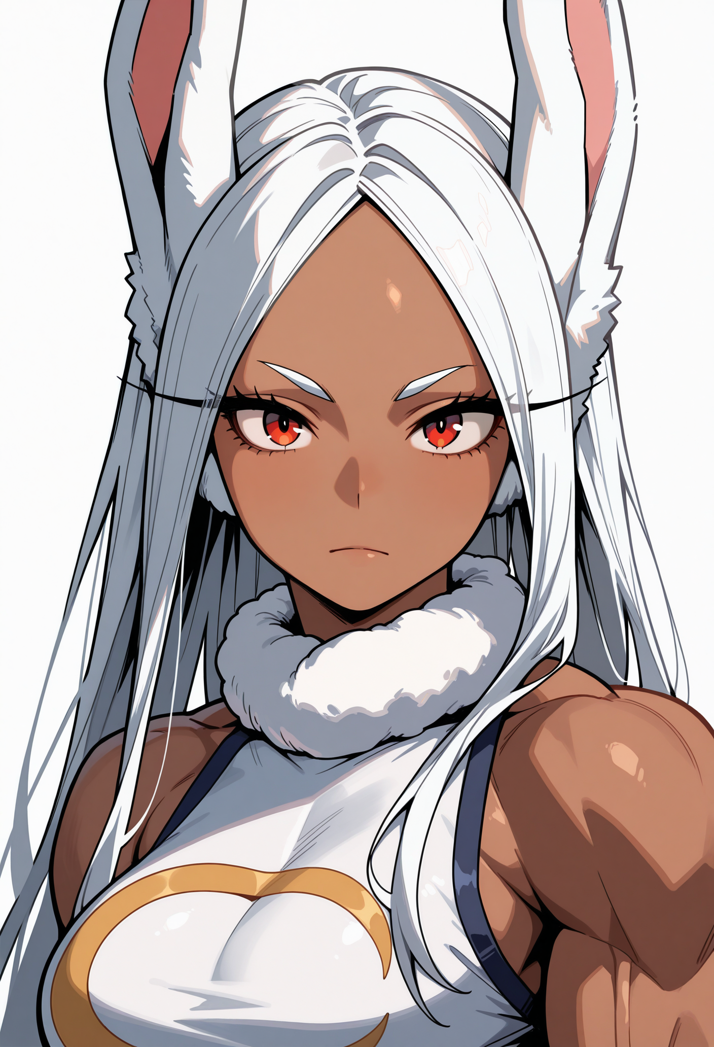 1girl, solo, white background, looking at viewer, portrait, 
dark-skinned female, muscular female, rabbit ears, rabbit girl, white hair, red eyes, long hair, long eyelashes, parted bangs, 
sleeveless turtleneck leotard, white leotard, fur collar, crescent print, bare shoulders, taut leotard, 
masterpiece, best quality, <lora:mirko-guy90-Illust-LoraV1:1>, okrim