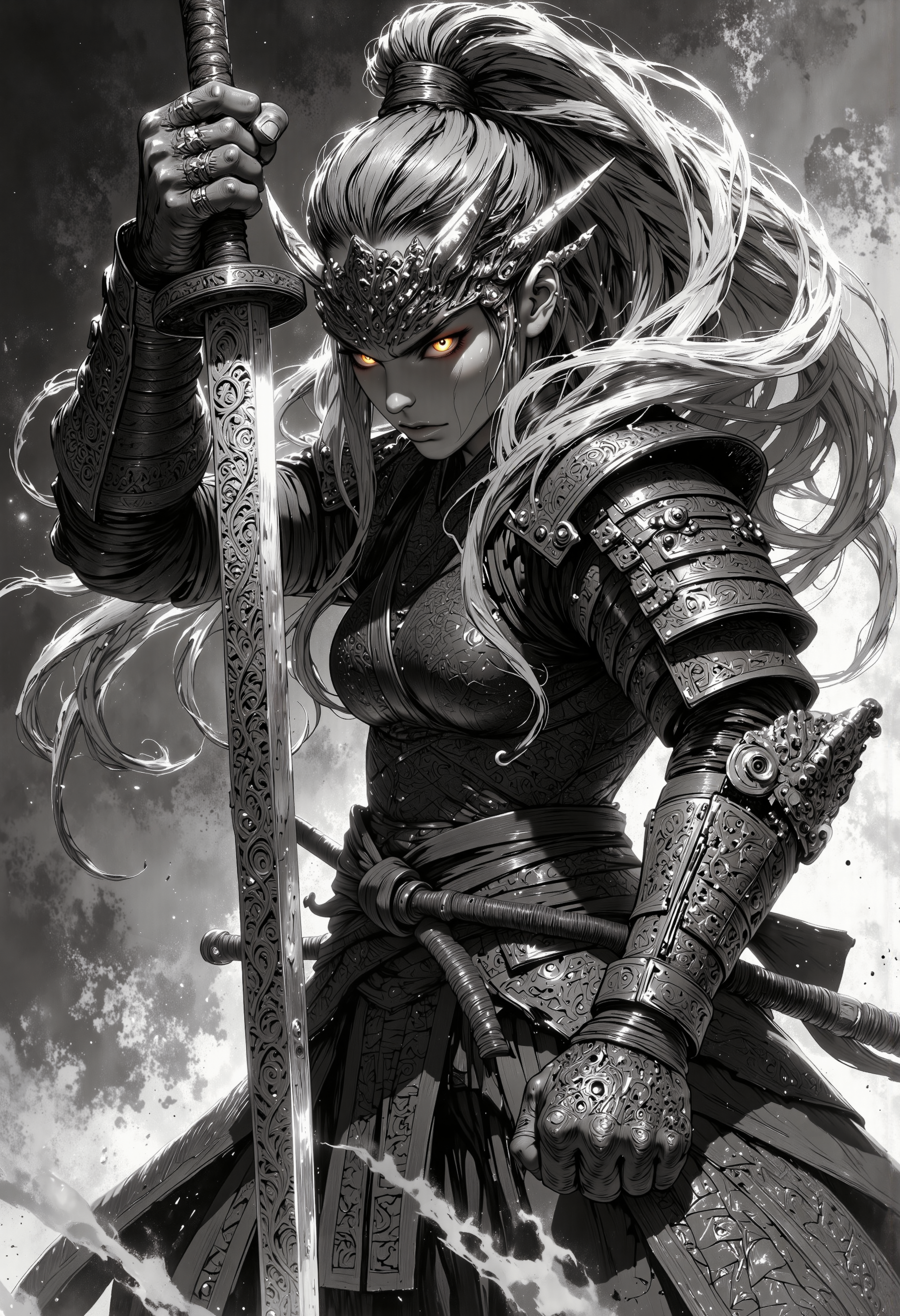 In a meticulously crafted black and white pencil sketch, an intense and formidable Japanese female warrior stands resolutely, her powerful stance radiating strength and determination. She grips a gleaming katana with intricate engravings that shimmer with an otherworldly brilliance, holding the blade up to her fierce, focused expression. The katana's reflective surface captures the haunting visage of an ancient mythical Japanese demon, its menacing features and exaggerated, luminous eyes glaring back at her with palpable menace.   Each stroke of the pencil showcases the finest details: the warrior's muscular arms, adorned with protective armor that glints subtly under the light, and the sharp, intricate patterns that run along her battle-worn garments. Her long, flowing hair billows dramatically around her, expertly blending into the shadowy depths of the background, where swirling mist seems to hint at the presence of other spirits.   The overall composition is both haunting and mesmerizing, evoking a sense of urgency and tension, as if the warrior is readying herself for an epic confrontation. Every element in the scene, from the delicate texture of her skin to the finely detailed etchings on the katana, contributes to a visually stunning masterpiece that draws the viewer into a world steeped in tradition, mythology, and the unbreakable spirit of the warrior., bo-abyss, Anime style<lora:Flux/MJanime_Flux_LoRa_v3_Final.safetensors:0.5:0.5> <lora:Flux/boFLUX-digital-abyss.safetensors:0.5:0.5> <lora:Flux/MysticFantasy.safetensors:1.0:1.0>