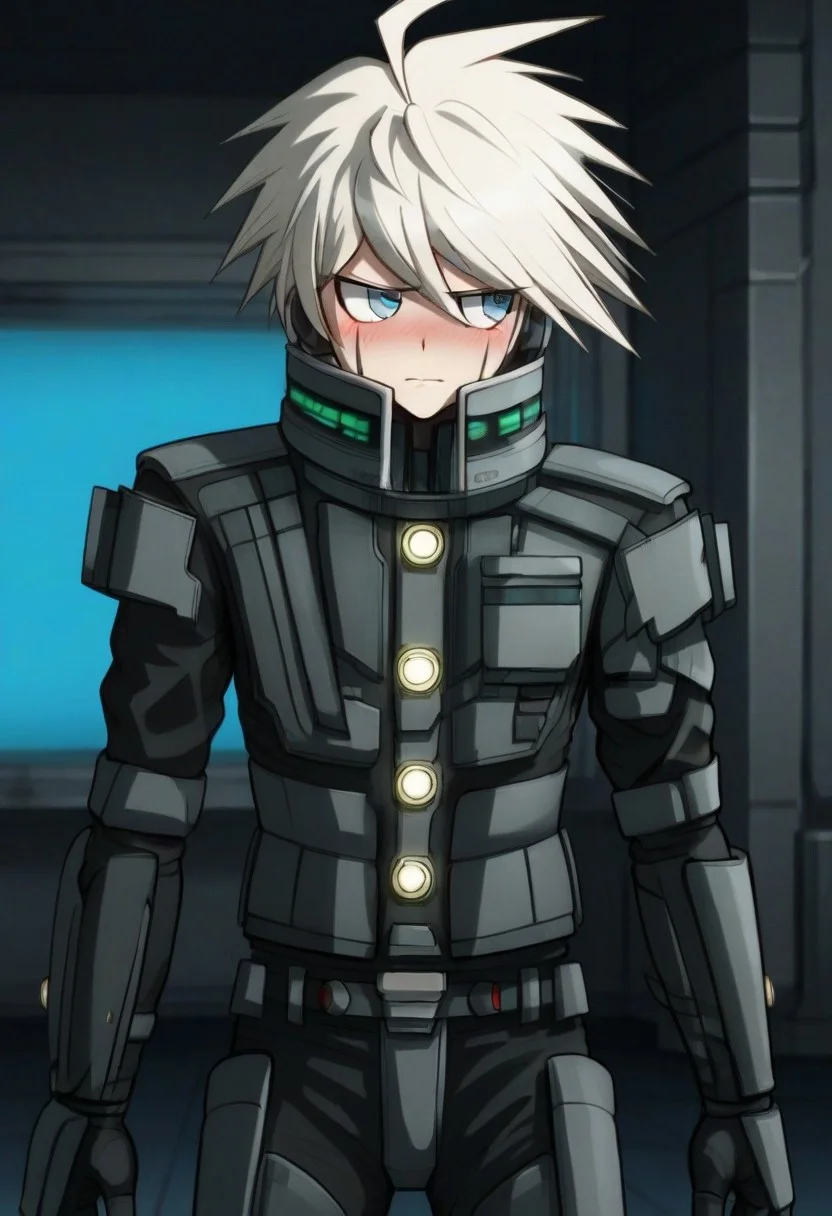 ((masterpiece)), ((best quality)), ((ultra-detailed)), ((absurdres)), score_9_up, score_8_up, score_7_up,
HD, top quality, best quality, amazing quality, High-quality illustrations, anime screencap, source_anime, best aesthetic, perfect proportions, perfect eyes, 1boy, 1male, solo boy, solo male, male focus, solo male focus, Anime, boy, male anime character, anime boy, handsome, attractive, cute, charming, sexy, hot, ((tall, tall body, tall height)), ((slim body, lean body)), ((looking away)), ((cowboy shot, head to hips shot)) K1-B0, white hair, ahoge, gray-blue eyes, ((> < eyes)), ((embarrased expression, blush lines on face)), ((hands fidgeting)), ((science fiction background, science machinery)), updn, easynegative, neghands, Expressiveh
