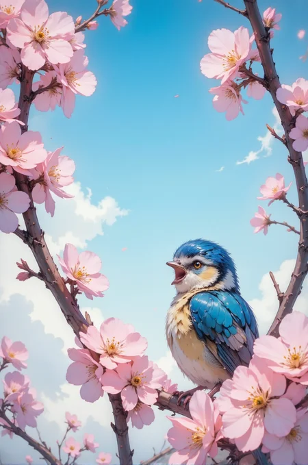 This is a vivid photograph capturing a small bird perched on a branch adorned with delicate cherry blossoms. The bird, likely a male blue tit, has striking blue feathers on its head, wings, and back, with a lighter blue underbelly. Its tiny beak is open as if singing, adding a sense of life and motion to the scene. The bird's feathers appear soft and fluffy, contrasting with the smooth texture of the blossoms.
The cherry blossoms are in full bloom, with soft pink petals and vibrant yellow stamens. The branches are thin and slightly curved, supporting several clusters of flowers. The background features a serene sky with a gradient of soft blue, transitioning to a lighter shade near the horizon, and scattered fluffy white clouds, suggesting a peaceful spring day.
The composition is well-balanced, with the bird positioned slightly to the right, allowing the blossoms to frame the image naturally. The overall atmosphere of the photograph is tranquil and picturesque, capturing the beauty of nature in a moment of serene stillness. The sharpness of the image and the clarity of the details make it feel almost like a painting, but with the realistic quality of a photograph.
<lora:DarksunRIDDV3:0.5> <lora:flux_hyperkraximalism-balanced:0.5> <lora:Midjourney_-_SemiReal_Dreams_FLUX_LoRA:0.5> <lora:CPA:0.5> <lora:Anime_realistic_v2:0.5> Realistic anime style <lora:BLUE_mk4_angel_FLUX_01:0.5>