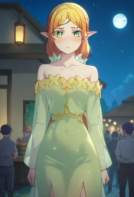 score_9, score_8_up, score_7_up, professional anime,HD,1girl,solo, (elf from isekai ojisan), perfect body,short female,petite body,wide hips,cute girl,elf, ccc,dress,bare shoulder,night,moon,festival,crowd,blushing,looking at the viewer,pov