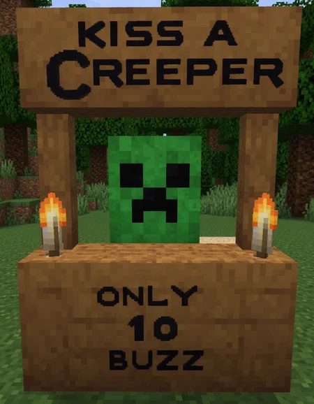 Minecraft still shot, a Minecraft Creeper behind wooden booth, Wooden sign displays "KISS A CREEPER" "ONLY 10 BUZZ" , torches next to sign, <lora:minecraft_mobs:1>