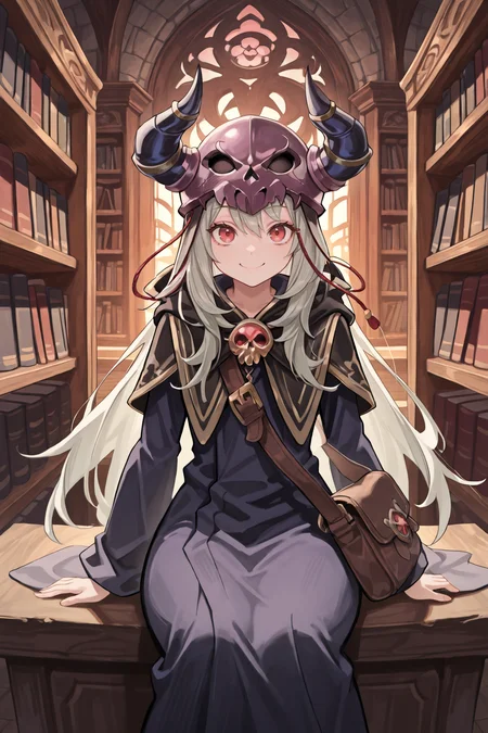 masterpiece, very aesthetic, absurdres, best quality, amazing quality, high resolution, <lora:illustrious_quality_modifiers_masterpieces_v1:0.8> , <lora:ChamIllustriousBackgroundEnhancer:0.5>,  solo, <lora:NecromancerIL:0.8> , necdef, 1boy, red eyes, long hair, grey hair, skull, horned helmet, horns, fake horns, skull brooch, black capelet, robe, long sleeves, bag, cowboy shot, looking at viewer, smile, library, bookshelves, sitting,