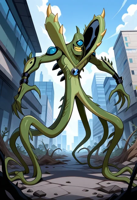 , masterpiece, best quality, amazing quality, very aesthetic, absurdres, newest,
wildvine, solo, green skin, alien, monster, one eye, blue eye, green skin, , spikes, claws, yellow teeth, big smile,, no hair, 1boy, digimon, 
 dynamic pose, green tentacles, in city, tentacle legs, broken ground, rooted, plant character, day time, floating cars,