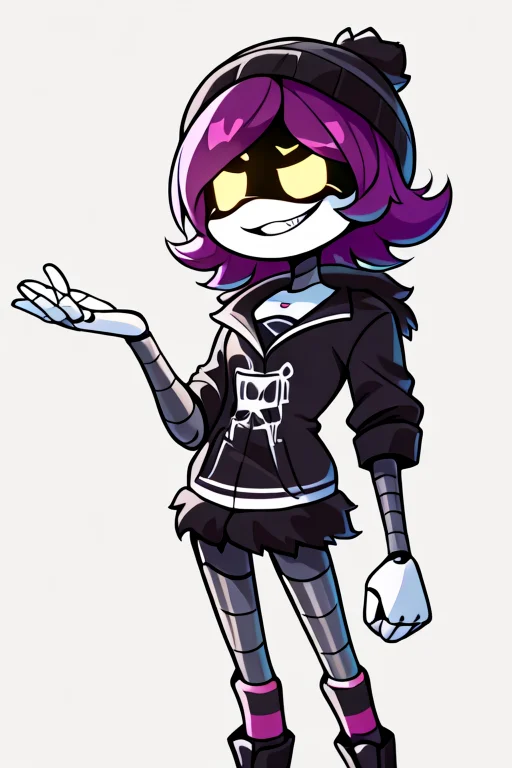 masterpiece, best quality, Detailed, 2D, 1girl, solo, Uzi, Purple Hair, Yellow Eyes, robot, beanie, black hoodie, striped socks, insane grin