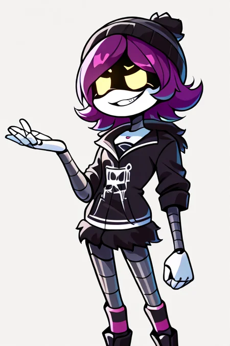 masterpiece, best quality, Detailed, 2D, 1girl, solo, Uzi, Purple Hair, Yellow Eyes, robot, beanie, black hoodie, striped socks, insane grin