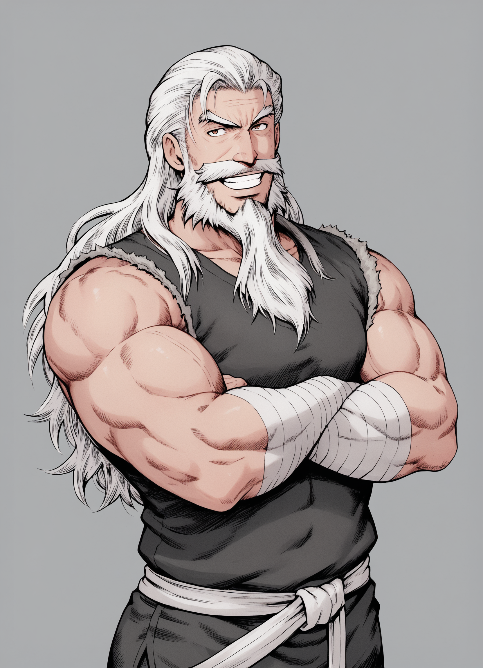 score_9, score_8_up, score_7_up, score_6_up, score_5_up, score_4_up,  fighting position, 1boy, male focus, solo, muscular, smile, facial hair, long hair, beard, (long beard), crossed arms,  long hair, grin, mustache, old, looking at viewer, old man, bandages, simple background, traditional media, manly, 
   <lora:matsuena_shun_style:1>