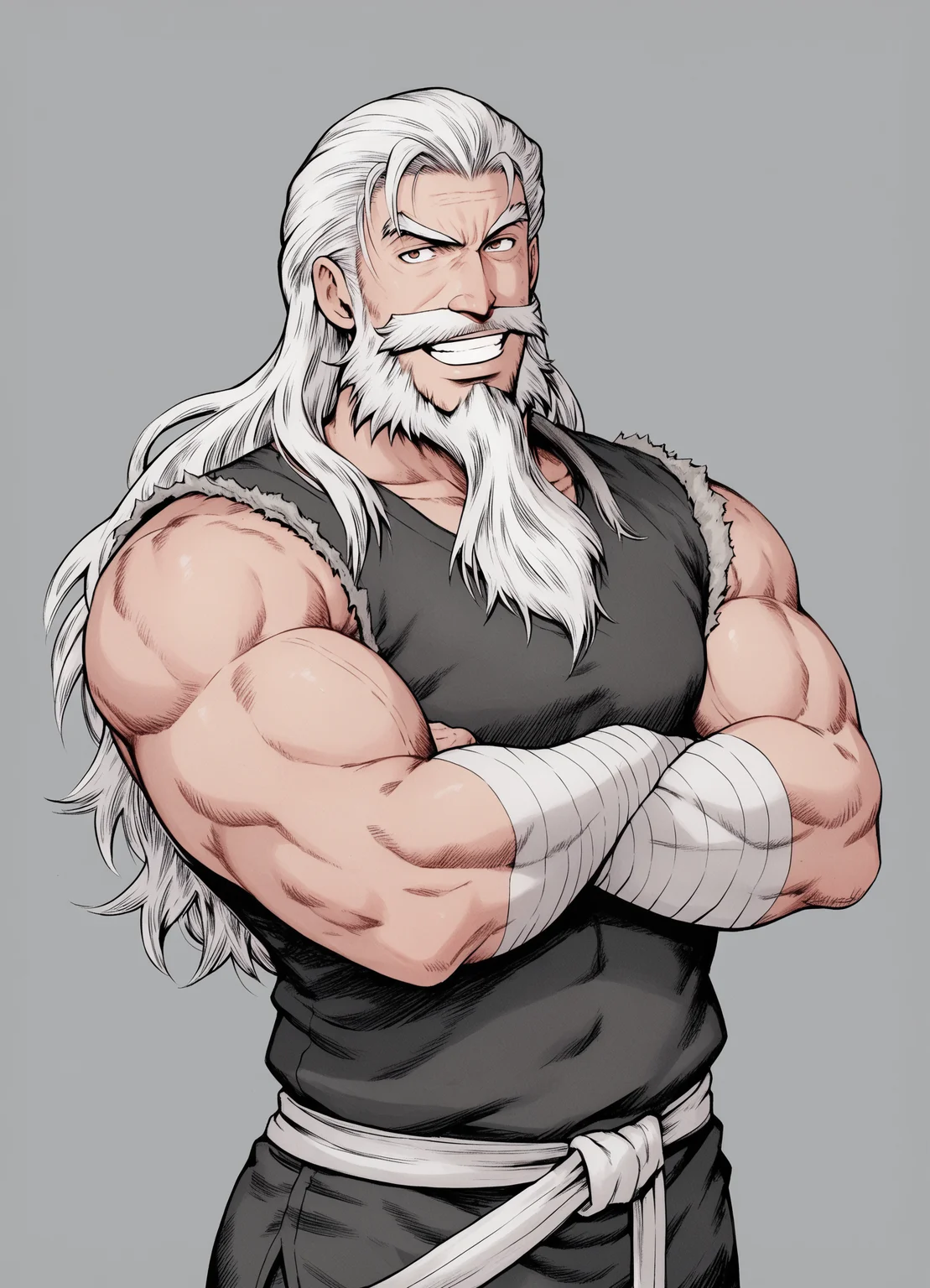 score_9, score_8_up, score_7_up, score_6_up, score_5_up, score_4_up,  fighting position, 1boy, male focus, solo, muscular, smile, facial hair, long hair, beard, (long beard), crossed arms,  long hair, grin, mustache, old, looking at viewer, old man, bandages, simple background, traditional media, manly, 
   <lora:matsuena_shun_style:1>
