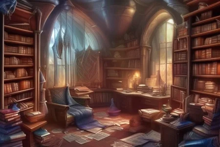 a fantasy bedroom that is also the owner's personal library with books everywhere
FanStu