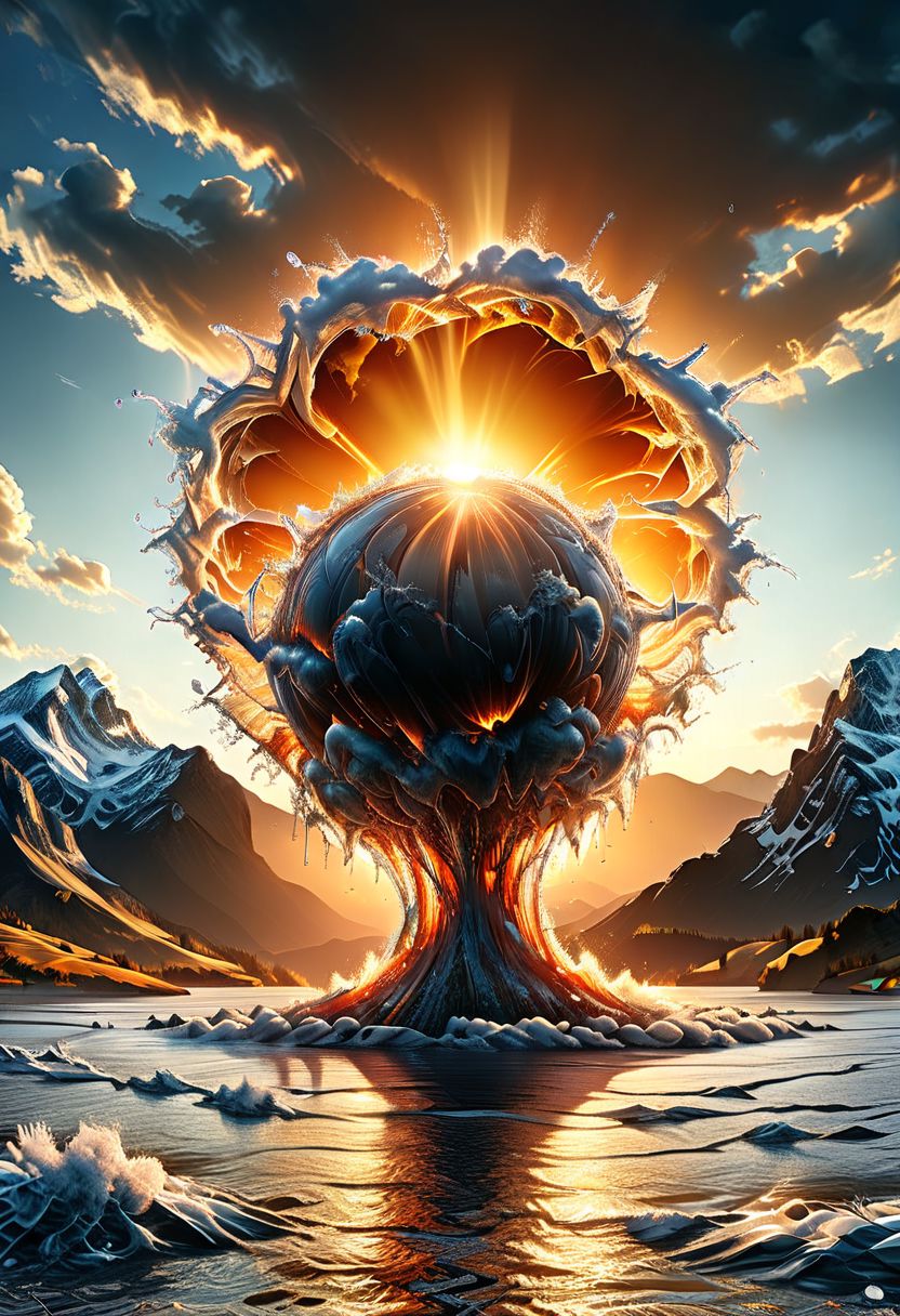 UHD, masterpiece, high quality, extremely details, intricate details, sharp focus, realistic, OverallDetailXL, sss
a nuclear explosion made of ((water)) ,((ais-wvs)),  lake surrounded by mountains,sun sunlight, sunray ,sunset
