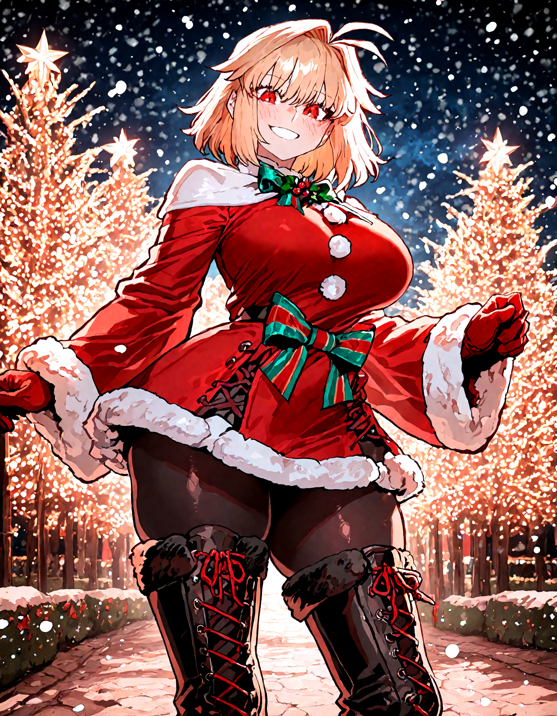 1girl , arcueid_brunestud, blonde_hair, blush, boots, bow, breasts ,cross-laced_footwear dress ,fur-trimmed_dress, fur_trim ,gloves ,green_bow ,hair_intakes,  lace-up_boots,looking_at_viewer ,medium_breasts ,medium_hair ,multicolored_bow ,red_bow ,red_eyes, red_gloves, santa_costume, smile, snowing ,solo,thighs ,waist_bow , wide_sleeves, outdoor,night sky, black pantyhose,
park,
ireading , ssambatea, quasarcake,looking_at_viewer , xmas_style_2K24,
masterpiece, best quality, amazing quality, very aesthetic, absurdres,  newest, <lora:ponyv5_noobE11_1_adamW:0.6>, <lora:add-detail-xl:0.5>, <lora:cfg_scale_boost:0.5>, <lora:Xmas_2k24:0.5>, <lora:ATNR STYLE_XL_P:0.7>