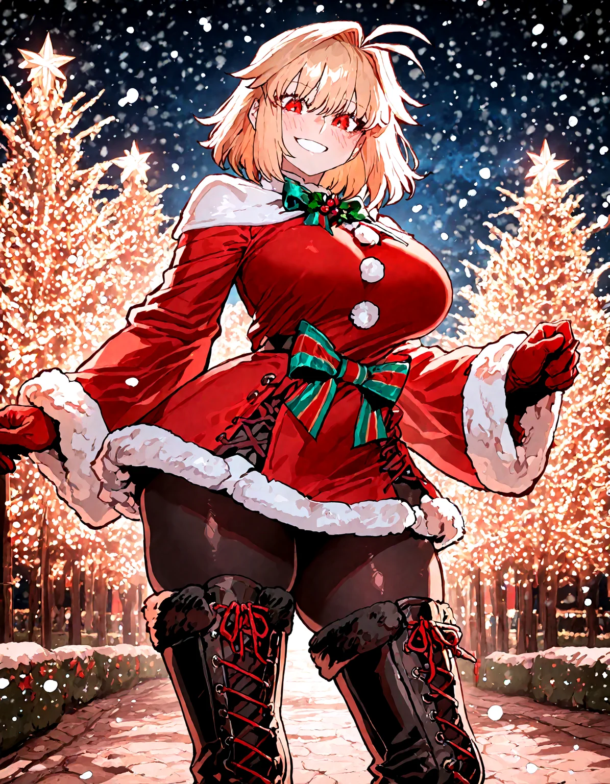1girl , arcueid_brunestud, blonde_hair, blush, boots, bow, breasts ,cross-laced_footwear dress ,fur-trimmed_dress, fur_trim ,gloves ,green_bow ,hair_intakes, lace-up_boots,looking_at_viewer ,medium_breasts ,medium_hair ,multicolored_bow ,red_bow ,red_eyes, red_gloves, santa_costume, smile, snowing ,solo,thighs ,waist_bow , wide_sleeves, outdoor,night sky, black pantyhose,
park,
ireading , ssambatea, quasarcake,looking_at_viewer , xmas_style_2K24,
masterpiece, best quality, amazing quality, very aesthetic, absurdres, newest, <lora:ponyv5_noobE11_1_adamW:0.6>, <lora:add-detail-xl:0.5>, <lora:cfg_scale_boost:0.5>, <lora:Xmas_2k24:0.5>, <lora:ATNR STYLE_XL_P:0.7>