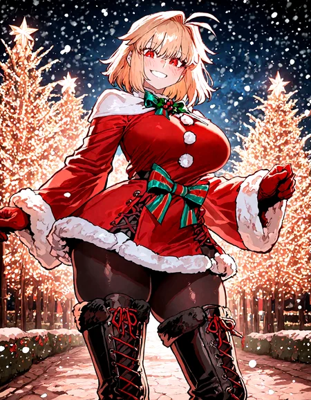 1girl , arcueid_brunestud, blonde_hair, blush, boots, bow, breasts ,cross-laced_footwear dress ,fur-trimmed_dress, fur_trim ,gloves ,green_bow ,hair_intakes,  lace-up_boots,looking_at_viewer ,medium_breasts ,medium_hair ,multicolored_bow ,red_bow ,red_eyes, red_gloves, santa_costume, smile, snowing ,solo,thighs ,waist_bow , wide_sleeves, outdoor,night sky, black pantyhose,
park,
ireading , ssambatea, quasarcake,looking_at_viewer , xmas_style_2K24,
masterpiece, best quality, amazing quality, very aesthetic, absurdres,  newest, <lora:ponyv5_noobE11_1_adamW:0.6>, <lora:add-detail-xl:0.5>, <lora:cfg_scale_boost:0.5>, <lora:Xmas_2k24:0.5>, <lora:ATNR STYLE_XL_P:0.7>