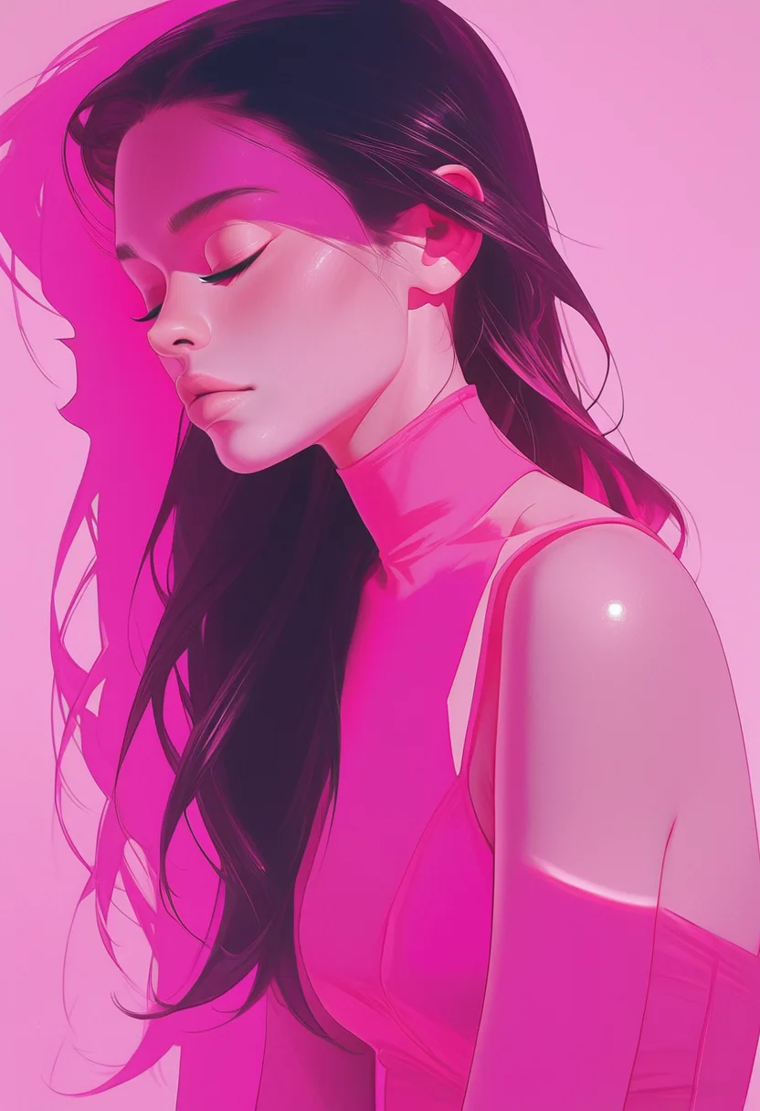 L1ghtm4k3r, 1girl, solo, closed eyes, long hair, lips, shadow, bare shoulders, black hair, pink blue theme, <lora:LightMaker:1>