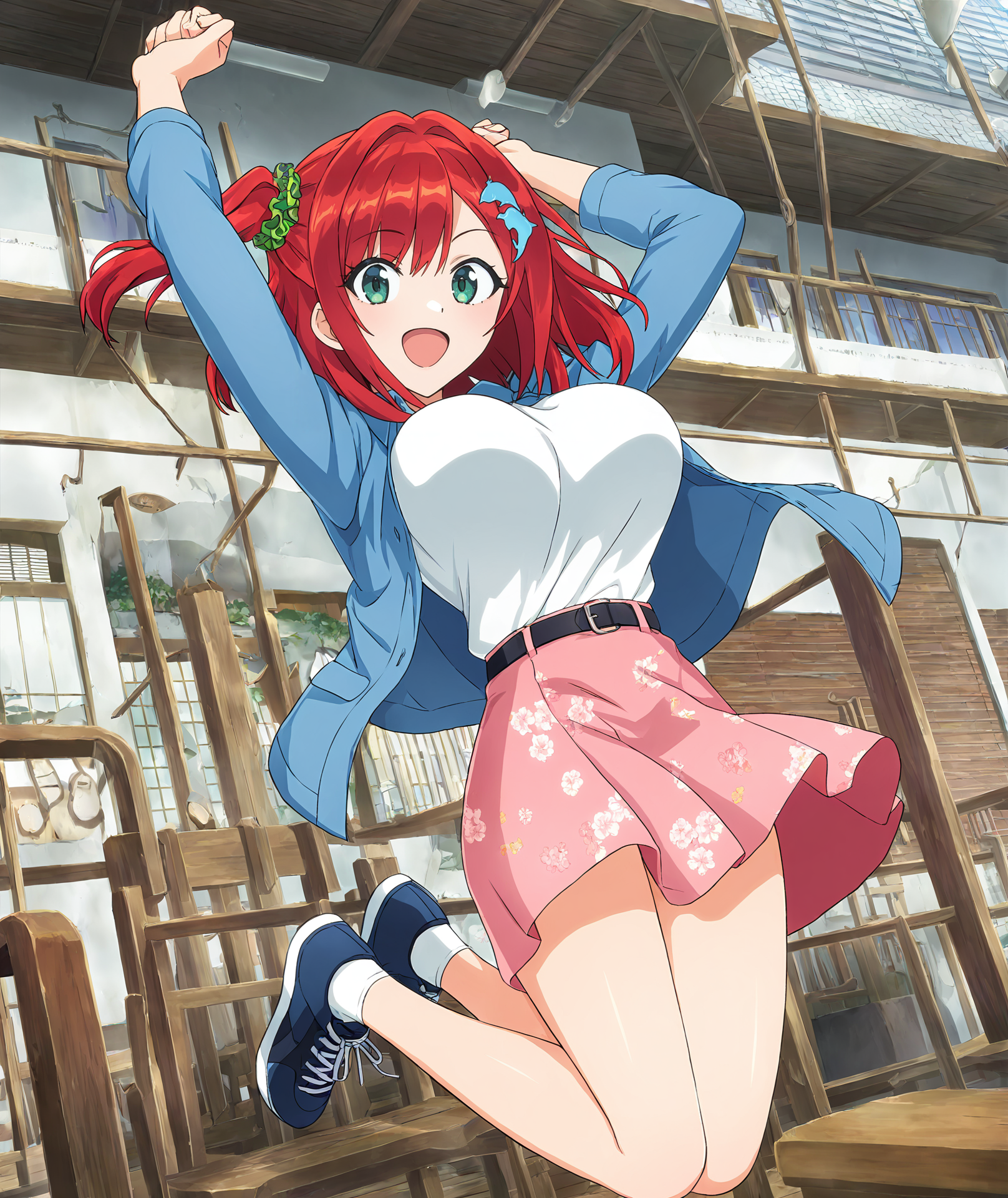 masterpiece,best quality,amazing quality,very aesthetic,absurdres,newest,scenery,anime screenshot,anime coloring,
looking at viewer,female focus,
1girl, solo, green eyes, red hair, medium hair, one side up, bangs,breasts, large breasts,  hair ornament, green scrunchie,:d, open mouth,  pink skirt, blue jacket, white shirt, floral print, open clothes,white background,  full body, looking at viewer, arms up,  jumping, sneakers, belt, socks, long sleeves, 
<lora:ãILXLãsakimiya_iruka-000010:0.9>,