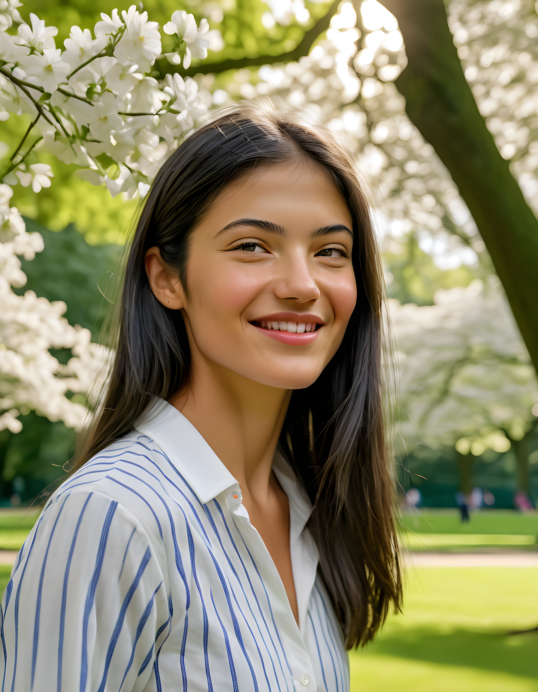 emmaraducanu, In the vibrant, early-morning light of a quaint London park, an athletic and poised Emma Raducanu is captured in a captivating portrait. With her raven-black hair cascading around her shoulders, she wears a crisp white shirt adorned with subtle blue stripes, her lips curved into a warm smile that exudes confidence and grace. Her eyes are closed as if savoring the serenity of the moment, her body slightly tilted towards the camera, creating an intimate connection between subject and observer. The verdant park, filled with blooming flowers and towering trees, serves as a lush backdrop to this stunning portrait of determination and beauty.