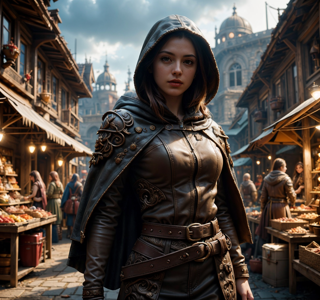 RAW photo, (masterpiece:1.3), subsurface scattering, heavy shadow, (high quality:1.4), (intricate, high detail:1.2), professional color photography, HDR, High Dynamic Range, realistic, ultra realistic, photorealistic, high resolution, film photography, ambient lighting, atmospheric effects, <lora:detail_slider_v4:2>, OverallDetail, a fantasy rogue, wide view, <lora:zoom_slider_v1:-2>, cape, black leather jacket, belt, hood, FaRo, <lora:FantasyRogues-10:0.5> in a fantasy market, <lora:FantasyMarket:0.6>, fanmar, epiCPhoto