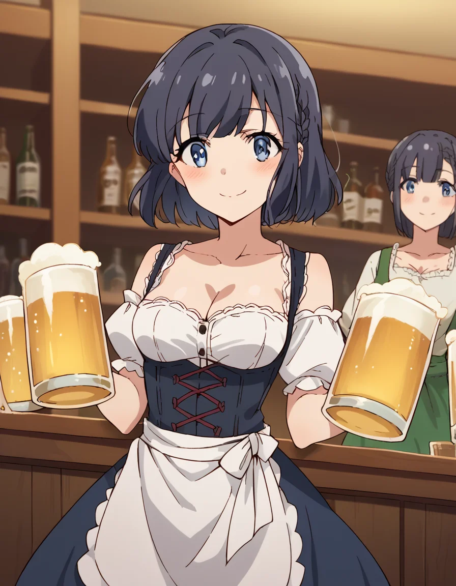 score_9, score_8_up, score_7_up, source_anime, <lora:shouko-makinohara-s1-movie-ponyxl-lora-nochekaiser:1>, shouko makinohara, blue eyes, black hair, braid,, <lora:dirndl-ponyxl-lora-nochekaiser:1>, dirndl, german clothes, beer mug, collarbone, cleavage, beer, underbust, waist apron,, indoors, bar, smile, blush,, , cowboy shot, dutch angle