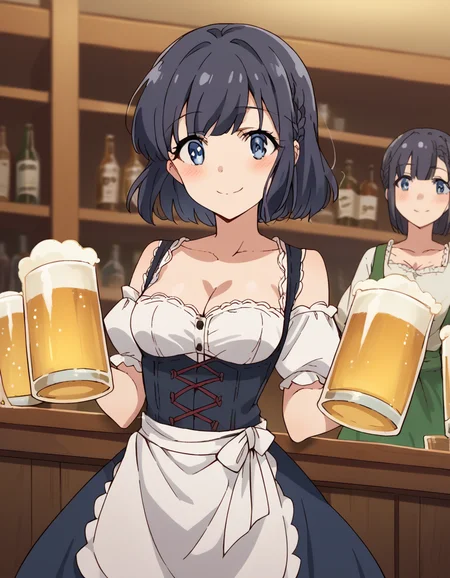 score_9, score_8_up, score_7_up, source_anime, <lora:shouko-makinohara-s1-movie-ponyxl-lora-nochekaiser:1>, shouko makinohara, blue eyes, black hair, braid,, <lora:dirndl-ponyxl-lora-nochekaiser:1>, dirndl, german clothes, beer mug, collarbone, cleavage, beer, underbust, waist apron,, indoors, bar, smile, blush,, , cowboy shot, dutch angle