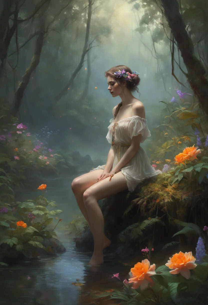 breathtaking detailed soft painting of the edge of the forest with ringing flowers od dream, a girl with a lip of mandarine with crossed knees in a light deluge, shadowed nudity through rainbow, flora and sea, rembrandt style, elegant, highly detailed, artstation, concept art, matte, sharp focus, art by tom bagshaw, luis royo and greg rutkowski