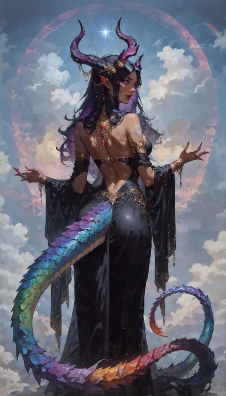 score_9, score_8_up, score_7_up, 1girl, solo, monster girl, dragon girl, dragon horns, (dark skin:1.5), (tan skin), purple eyes, slit pupil, crystal horns, rainbow cristal horns, jewels, jewels on horns, beautiful clothing, beautiful, perfect shape, white tattoos, black hair, (purple inner hair), proeminent background, cloud hair, (rainbow scales:1.5), (rainbow dragon tail), night, dark shades, prominent background, fullbody, (ceremonial outift:1.2), gold trim, amethysts, detailed, roses, dynamic pose, back view, look over one's shoulder <lora:Expressive_H-000001:1.0><lora:Concept Art Twilight Style SDXL_LoRA_Pony Diffusion V6 XL:0.8><lora:vixon gothic oil style:0.7>