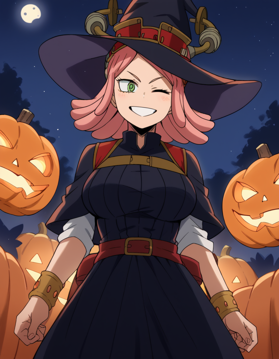 score_9, score_8_up, score_7_up, source_anime, <lora:mei-hatsume-s3-ponyxl-lora-nochekaiser:1>, mei hatsume, yellow eyes, pink hair, medium hair, symbol-shaped pupils, large breasts,, <lora:witch-ponyxl-lora-nochekaiser:1>, witch, hat, witch hat, dress, halloween, halloween costume, jewelry,, night, moon, blush, smile, one eye closed,, , dutch angle, cowboy shot