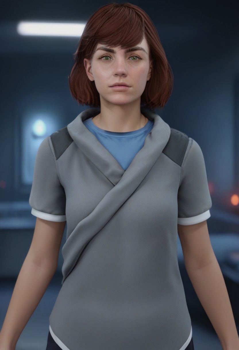 score_9, score_8_up, score_7_up, photo of hrznsbk, 1girl, green eyes, auburn hair, bobcut, grey sweater, blue t-shirt, cowboy shot, parted lips, petite, indoors, sci-fi room, holograms, red glowing fog, haze, floating ashes, evil ambience, front lighting, unique angle, unique framing, looking at viewer, parted lips, ((masterpiece))