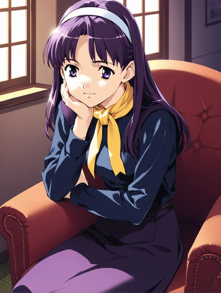 score_9, score_8_up, score_7_up, <lora:mikagura-v2-ponyxl:1>
1girl, solo, chair, sitting, hand on own cheek, looking to the side, light smile, indoors,
kumiyama, white hairband, yellow scarf, long sleeves, blue shirt, purple skirt